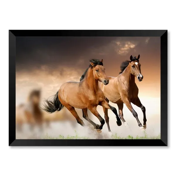 Quadro 3 Cavalos Marrons Galopando Com Vidro