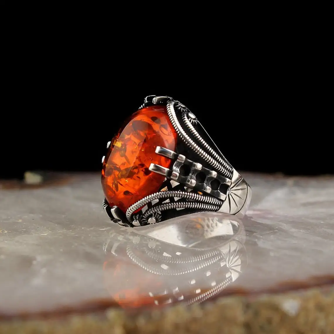 

Elegant Design 925 Sterling Silver Oval Baltic Amber Men's Ring Biker Jewelery Ottoman Accesory Gift For Him