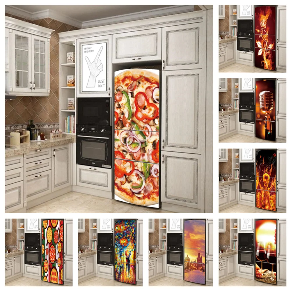 Delicious Pizza Flame Flower Skeleton Print Wall Sticker to Cover Fridge Door Natural Scenery Poster Refrigerator Wrap Wallpaper