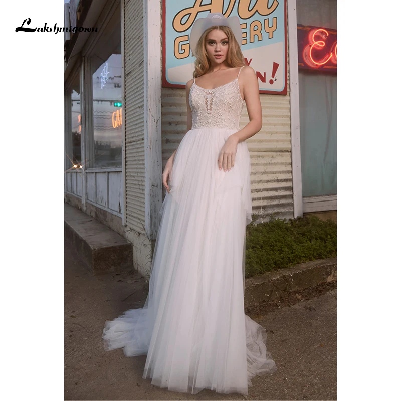 Lovely A-LINE Bridal Wedding Dresses 2022 Sleeveless Sweep Backless Spaghetti Straps V-neck Netting Floor-Length Beading Pearls