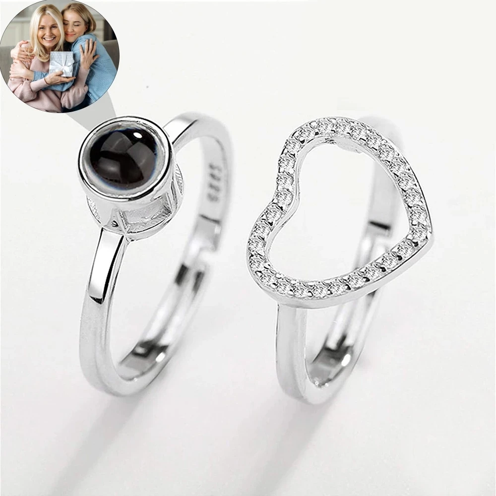 Dascusto New Heart Ring Personalized Projection Photo Rings Custom Couples Picture Wedding Jewelry 2Pc Adjustable Ring For Women