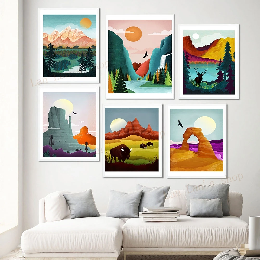 National Park Landscape Travel Poster Rocky Mountains Grand Teton Arch Badlands Bison Arizona Monument Valley Yosemite Prints