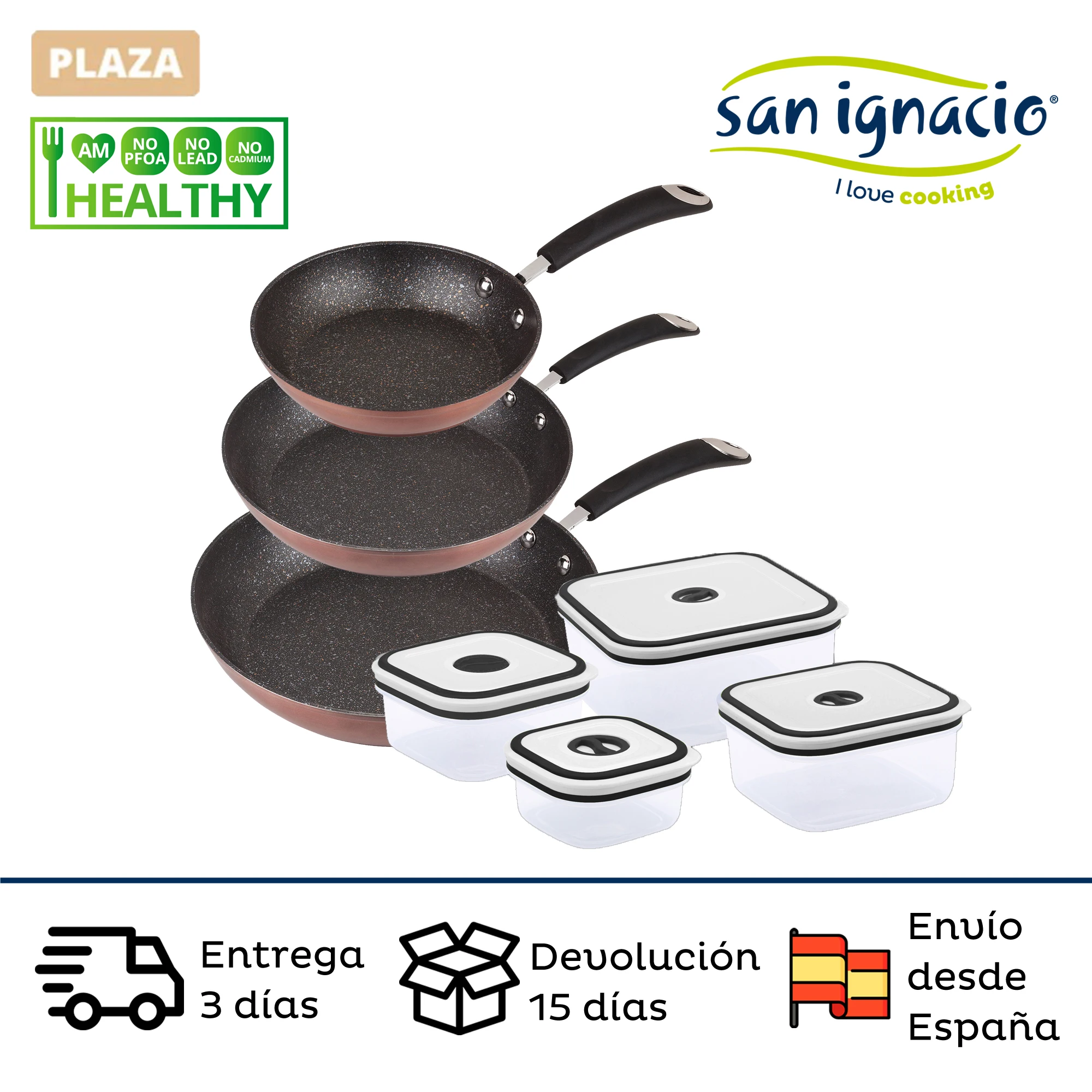 Non-stick pans set (20/24/28cm) SAN IGNACIO Moma suitable for induction and 4 Hermetic fiambreras