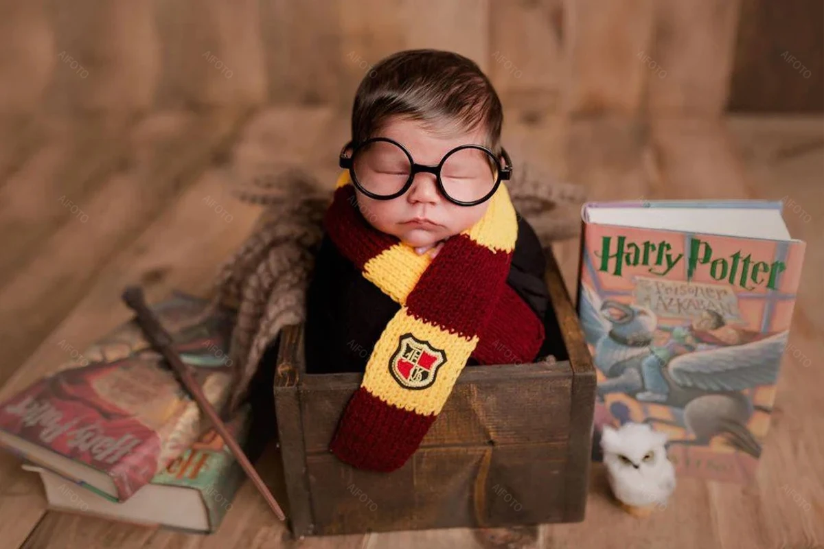 Newborn Photography Props Scarf Round Glasses Owl Map Tickets Magic Hat Wand Set for Baby Photo Studio Prop Accessories