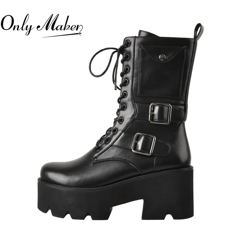 

Onlymaker Round Toe Chunky High Heels For Women Matte Black Platform Lace Up Ankle Booties Buckle Side Pocket Zipper Big Size