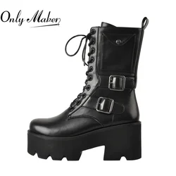 Onlymaker Round Toe Chunky High Heels For Women Matte Black Platform Lace Up Ankle Booties Buckle Side Pocket Zipper Big Size