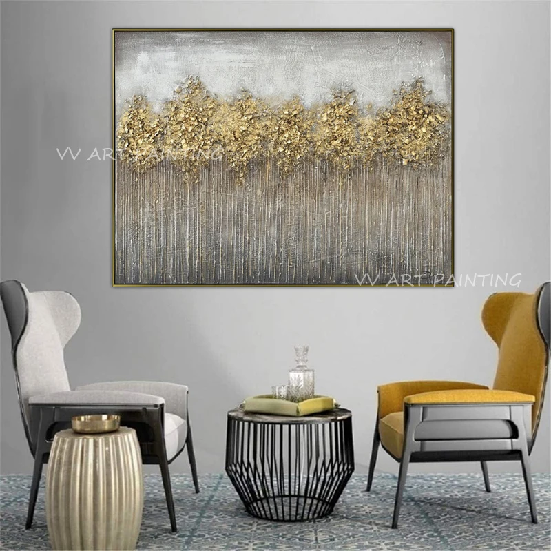 Original Hand-Painted Heavy Impasto Tree Oil Art, Gold Leaf Birch Grove on Grey Textured Painting, Modern Farmhouse Decor