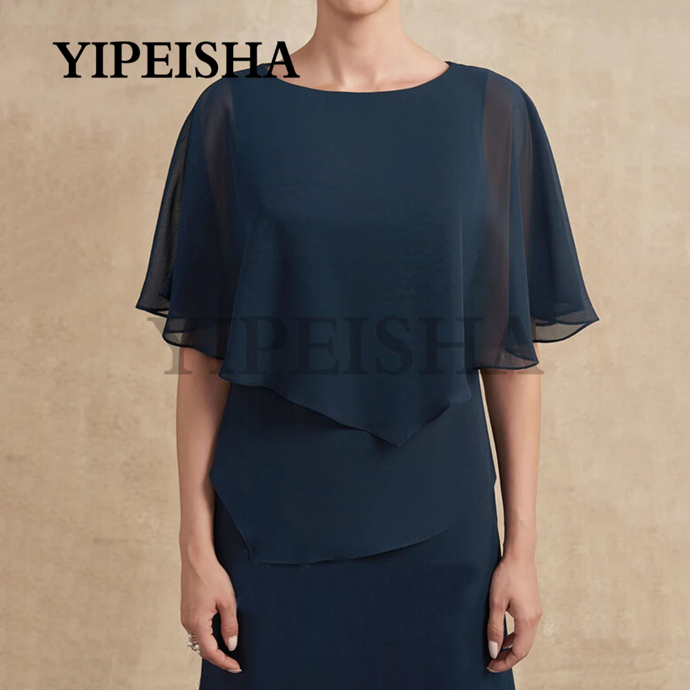 Simple Short Sleeve Navy Blue Mother Of The Bride Dresses Tea-Length Chiffon Wedding Guest Gown vestidos para madre de novia