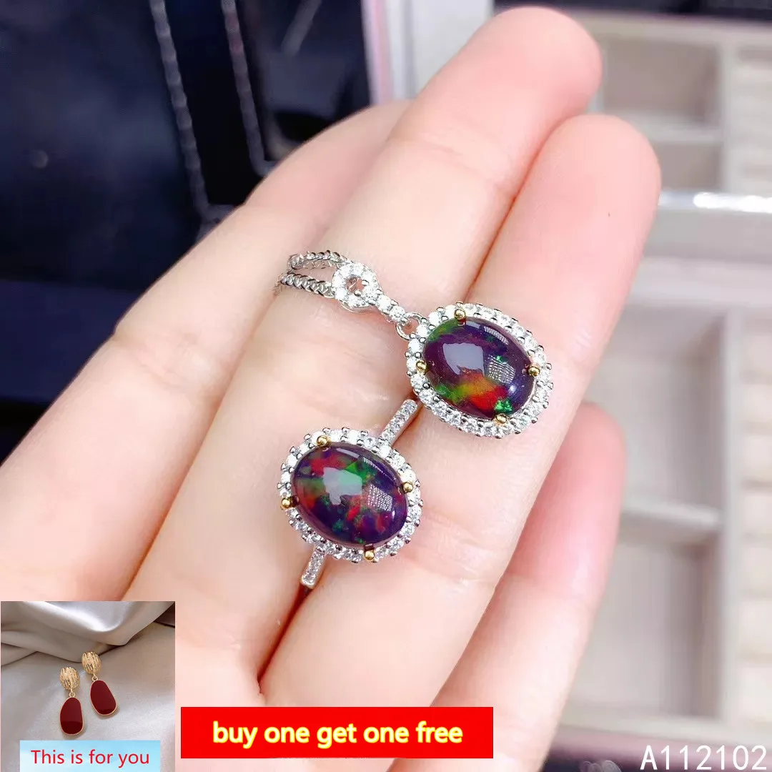 

KJJEAXCMY Fine Jewelry 925 sterling silver inlaid natural black opal new girl fashion necklace pendant ring set support test