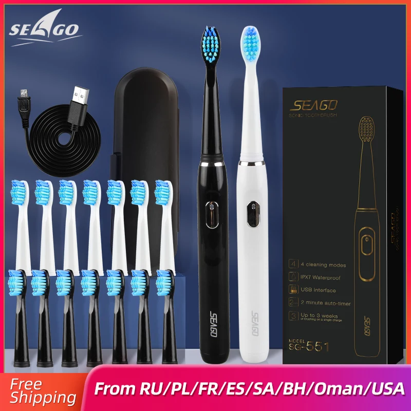 SEAGO-Sonic Escova De Dentes Elétrica Recarregável para Adultos, Clareamento Dental, Timer Care, 4 Modos, Cabeças De Escova De Substituição, SG551,