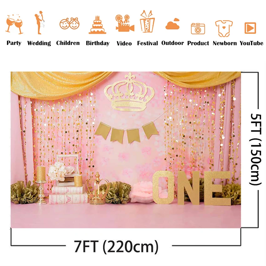 Princess Theme Cake Smash Birthday Backdrop  Sweet Girls 1st Birthday Pink Photo Background Gold Crown and curtrain Photography