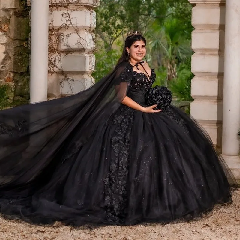 Vestidos de 15 anos plus size preto quinceanera vestidos capa apliques miçangas charro mexicano vestido de baile doce 16 vestido personalizado