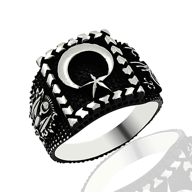 925 Silver Moon Star Printed English Ethnic Men Rings Crescent Ring Mans Ring