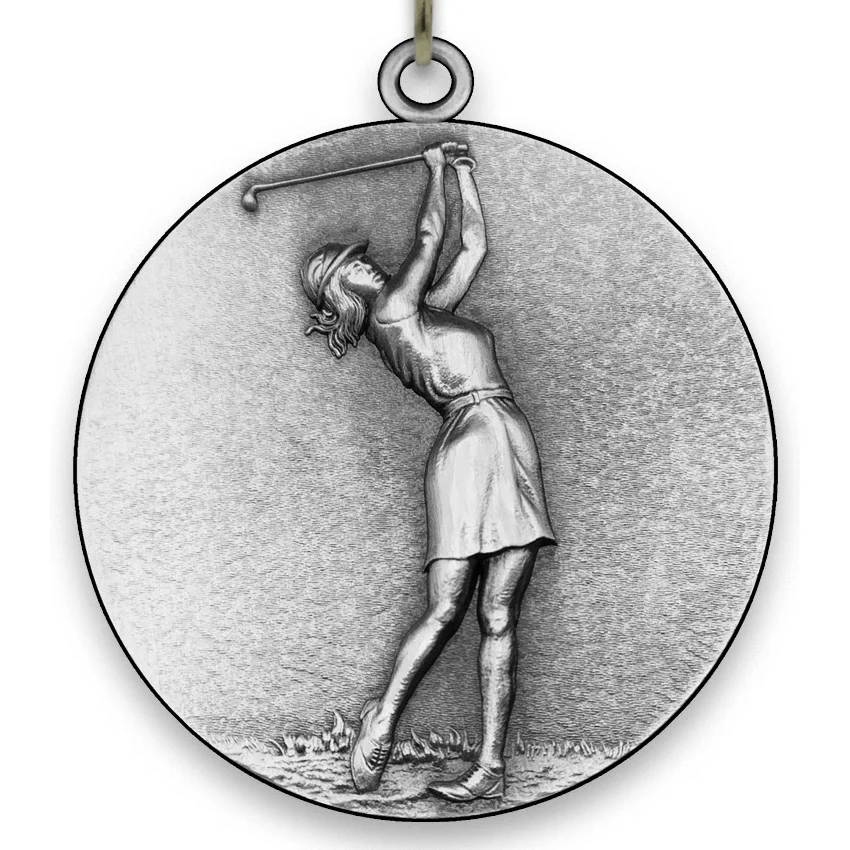 Large Metal Female Golf Silver Medal - 6,4 cm - with Neck Ribbon size 2,2cm x 80 cm - Choice of Ribbon Colours.