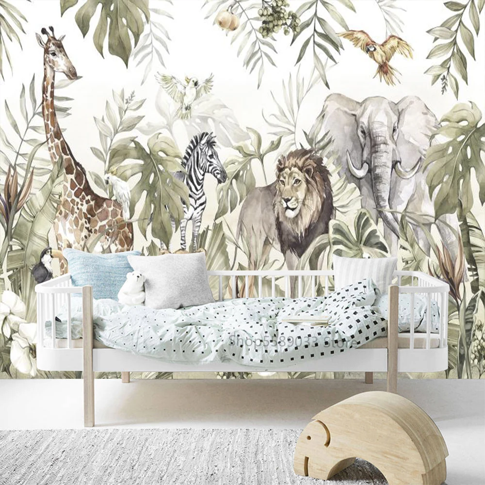 Custom Large Size Wallpaper Animals Among the Leaves of Tropical Plants Mural Giraffe Lion Zebra Elephant Children Room Decor 3D
