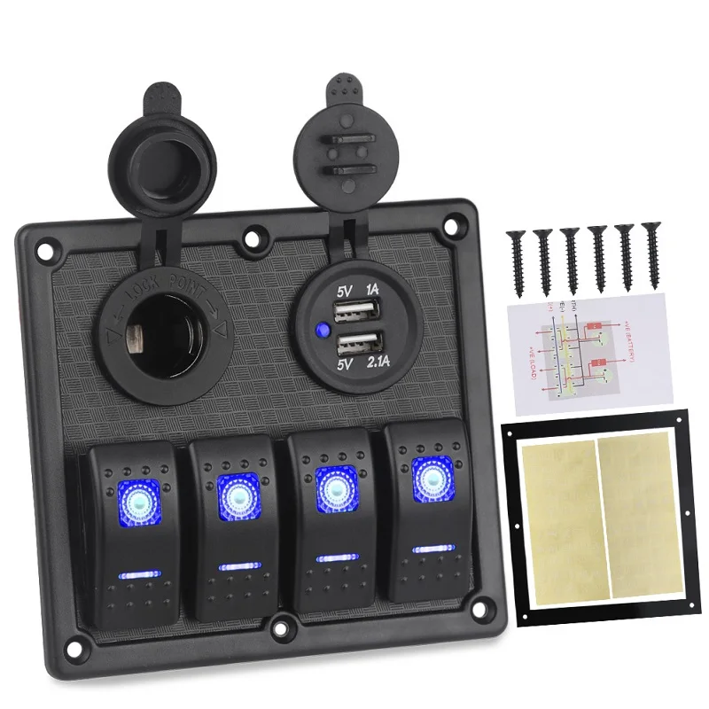 Universal 3/4 Gang Switch Panel USB Socket + Cigarette Lighter Overload Protector Waterproof RV Yacht Marine Boat Car Accessory