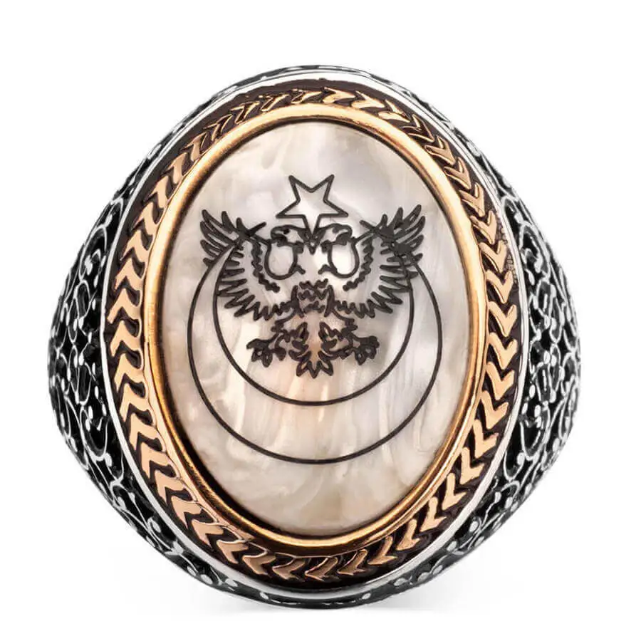 Silver Mens Ring with Mother of Pearl Double Headed Eagle Inlay Fashion Turkish Premium Quality Handmade Jawelery