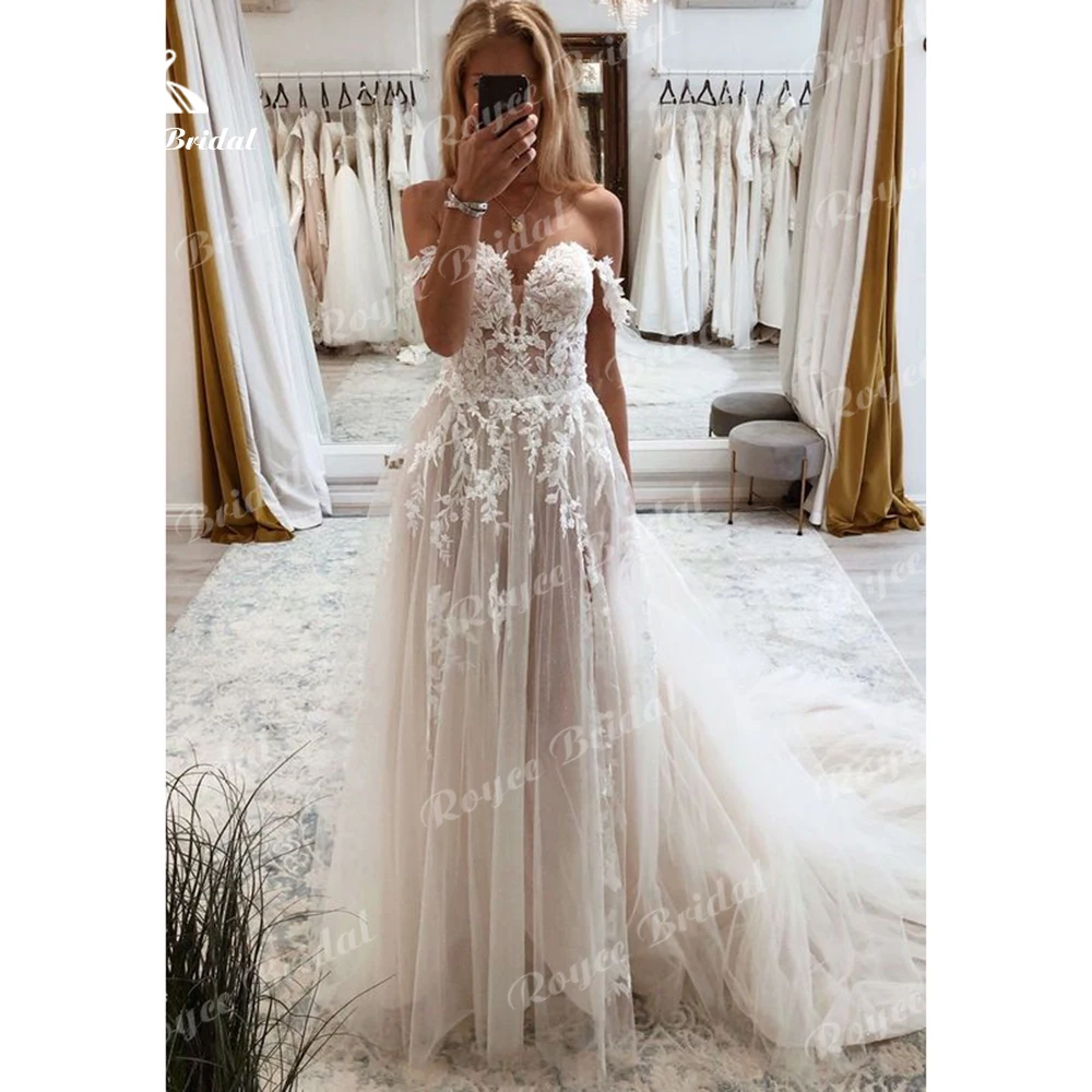 Lovely Sweetheart Off the Shoulder manica corta Sweep Appliques al pavimento pizzo Tulle 2022 abiti da sposa abiti da sposa A-LINE