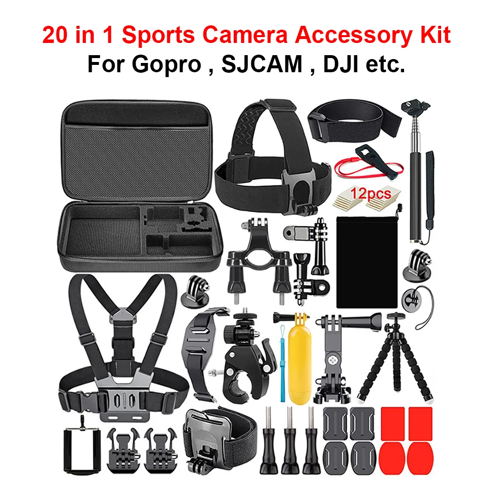 20 in 1 Sport Kamera Zubehör Kit Doppel Halterung Brücke Tragen Box Kopf Brust Strap Mount Adapter Für Gopro ,SJCAM ,DJI etc.