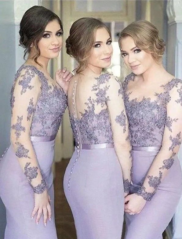 

Sexy Illusion Lace Appliquce Mermaid Bridesmaid Dresses Long Sleeve Formal Wedding Bridesmaid with Wedding Guest Dress