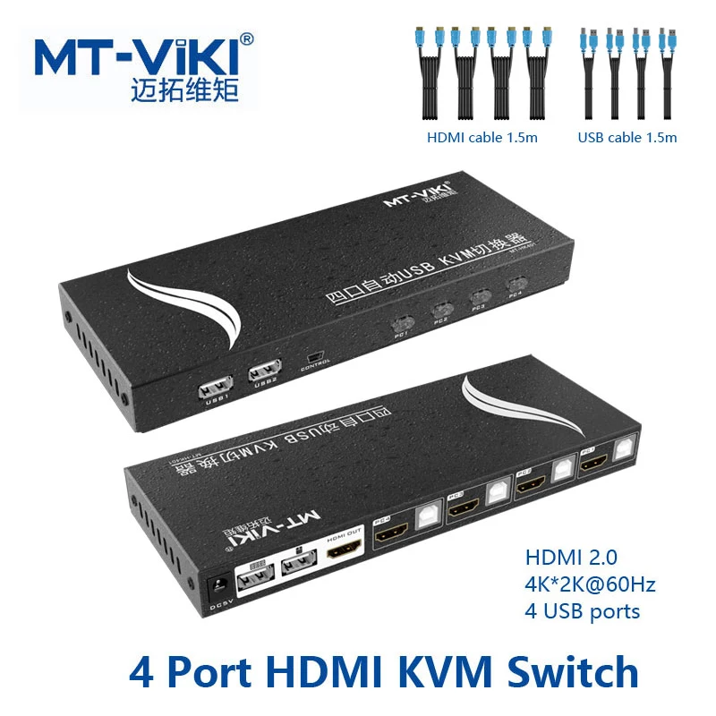 MT-Viki 4 Port HDMI KVM Switch Hot Key Auto Scan USB Plugable 4Kx2K 60Hz with 4 Cable Sets for 4 PC 1 Keyborad Mouse MT-HK401