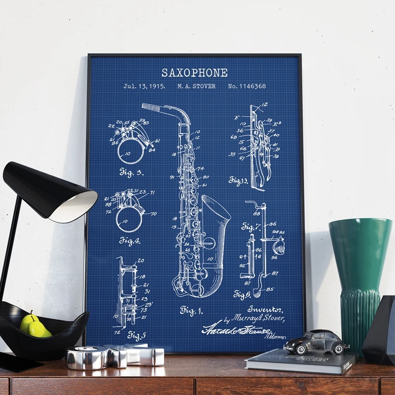 Saxophone Patent Vintage Poster Prints Musician Saxophonist Gifts Musical Instrument Blueprint Art Canvas Painting Wall Decor