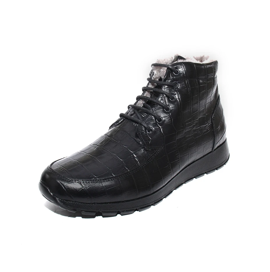 Handmade Black Ankle Boots with Zippers, Warm Woolen Insole, Genuine Calfskin Embossed Leather with Croco Alligator Pattern