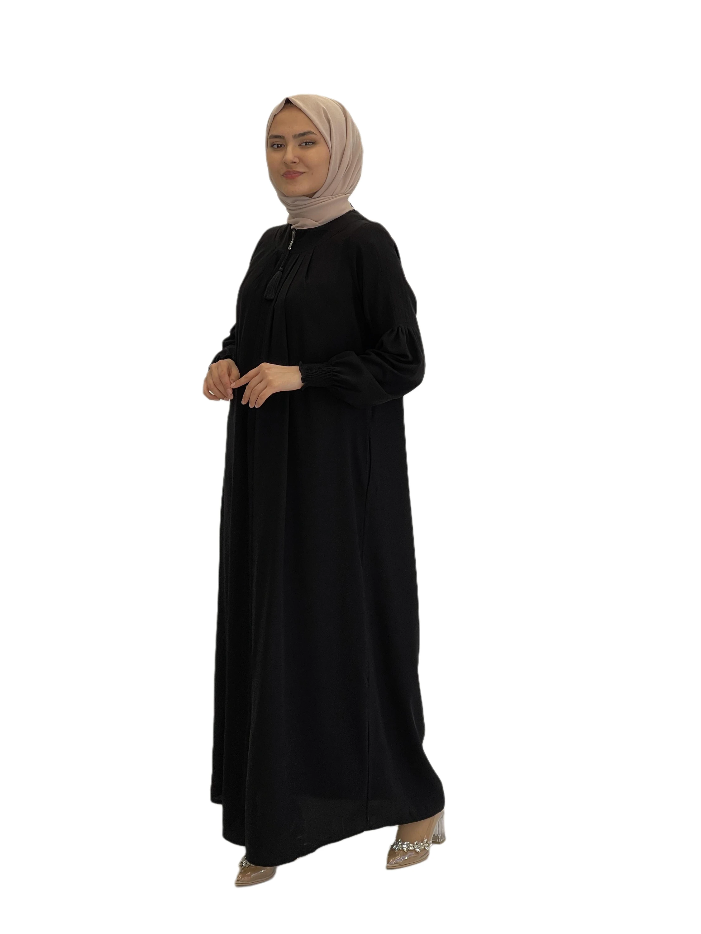 Maxi Dress Long Sleeve  Abaya for Muslim Dresses for Women Crepe Fabric Casual Clothes Hijab for Dubai Ribbed Abaya