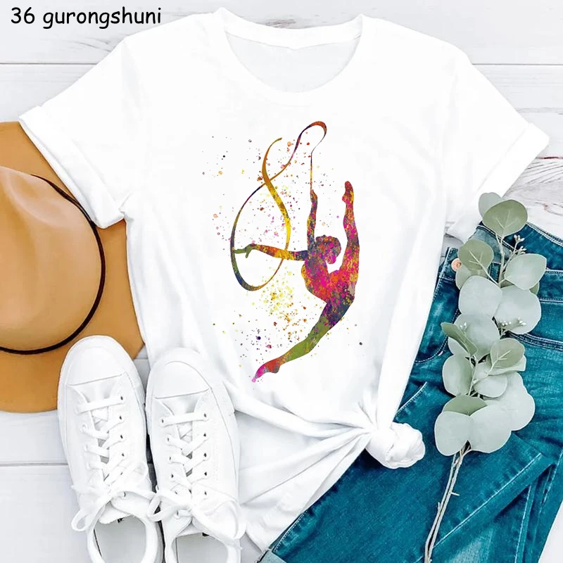 T-Shirt damski w stylu Vintage akwarela baleriny tancerz T-Shirt z nadrukiem Femme estetyczne ubrania letnia koszulka z krótkim rękawem — zdjęcie 4