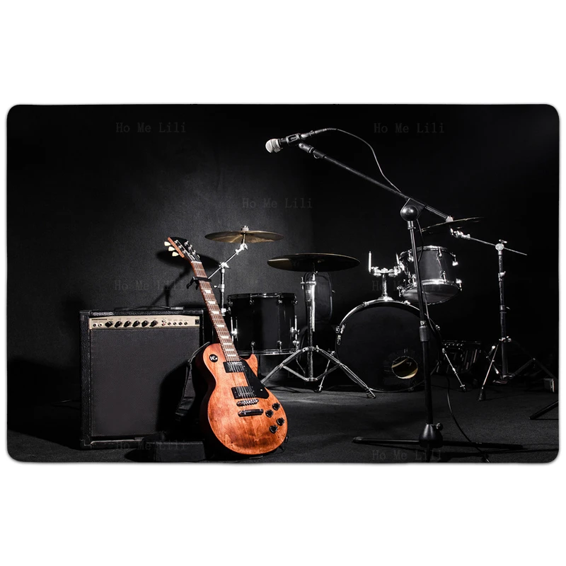 Music Instrument Guitar Drum Set On Black Background Flannel Floor Rugs By Ho Me Lili Soft Carpet