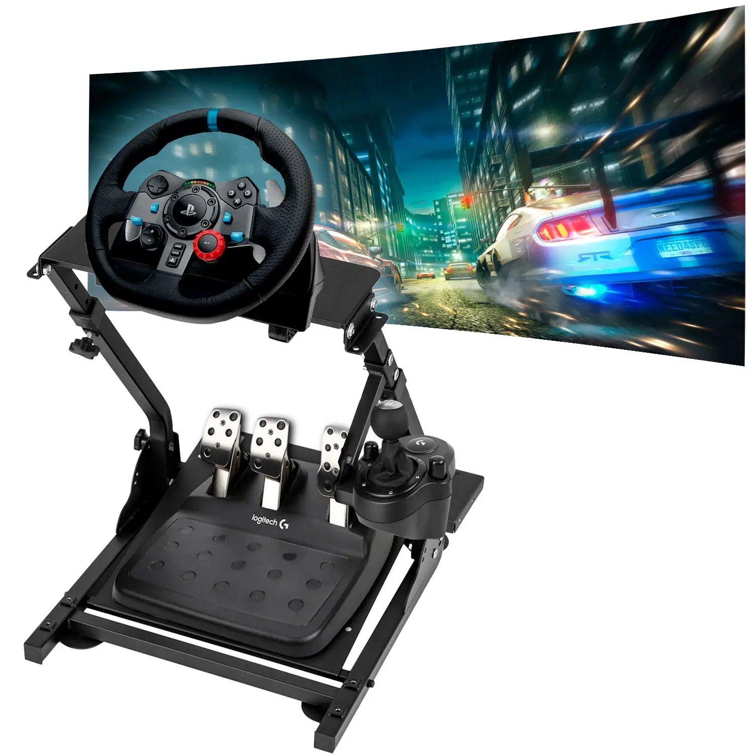 Logitech G29 G920 G923 steering wheel support include support gearbox, Thrustmaster T150 T500 T300 TX TH8A, PS4 PS5, Xbox Fanatec Clubsport, fully adjustable, foldable