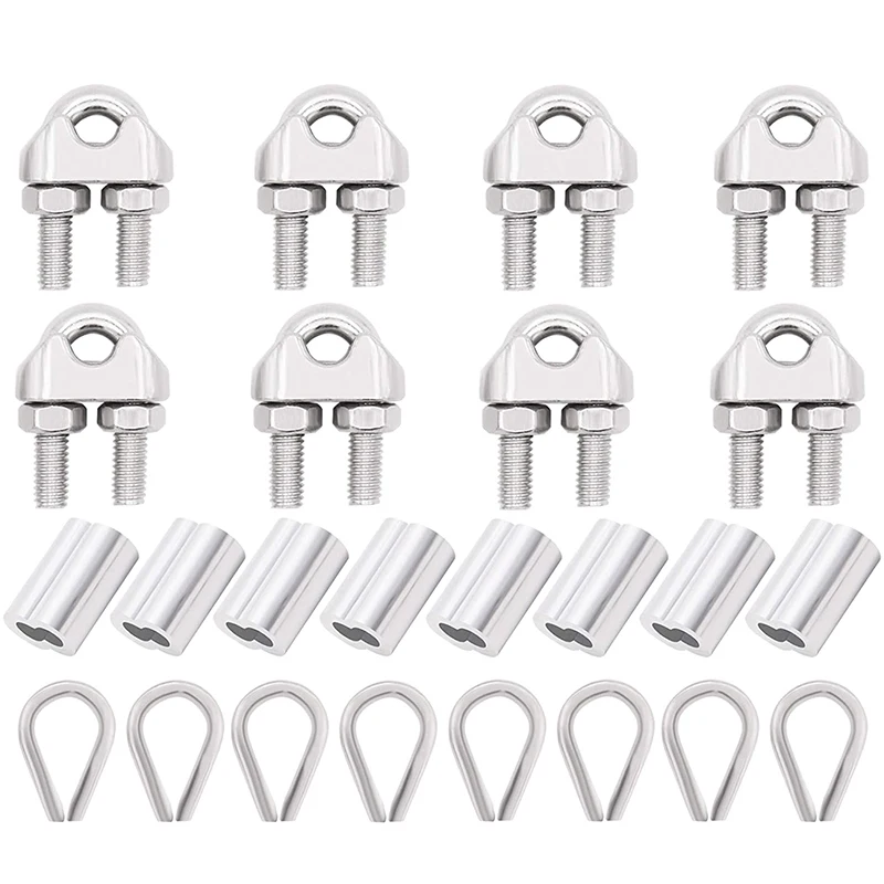 304 Stainless Steel Wire Rope Accessory Set M3 Cable Clamp Silver Thimble and Aluminum Crimping Loop for 1/8 Inch Wire RopeCable