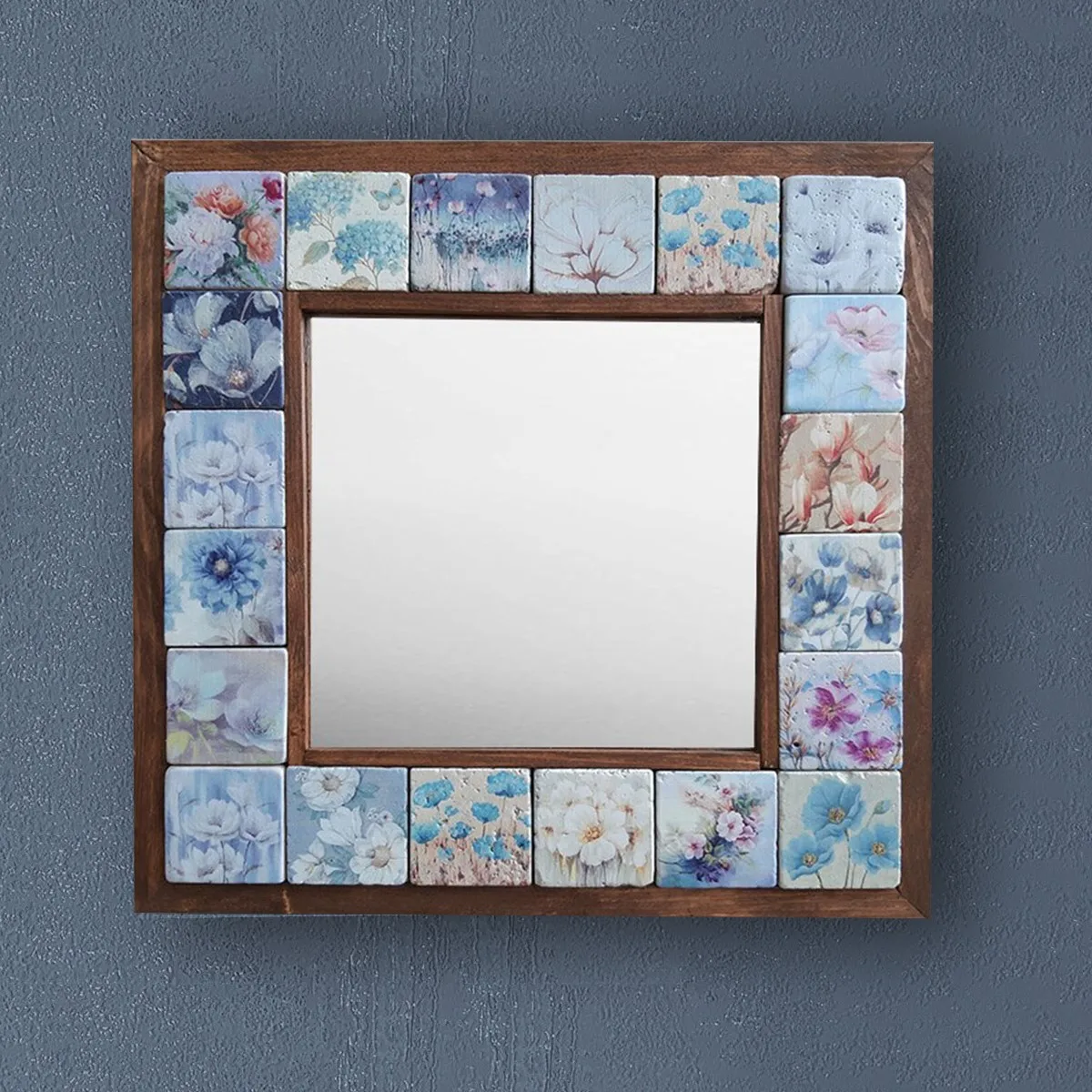 Handmade Wall Mirror Decorative Natural Stone Wooden Framed Art Decor Vintage Mosaic Printed Tile Square Gift Hang 33cmx33cm