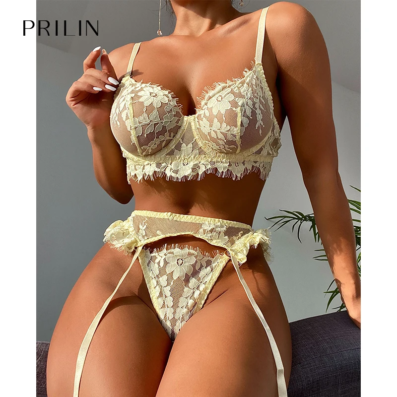 

PRILIN Women Sexy Lingerie Set Transparent Floral Garter Push Up Underwire Bras G-string Temptation Sensual Underwear Yellow