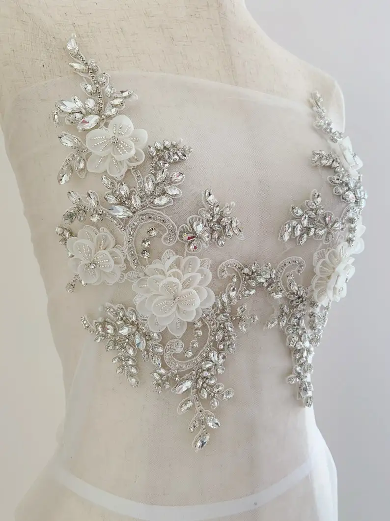 

1 Pair French Applique With Handcrafted Florals 3d Flowers Rhinestone Bodice Patch For Couture And Bridal Dress