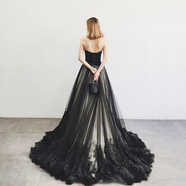 Vestidos de casamento preto gótico querida beadings apliques rendas tule uma linha trem varredura vestidos de noiva do vintage feito sob encomenda