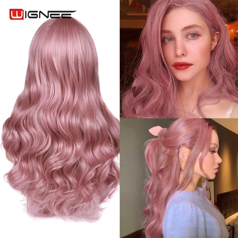 Wignee Pink Hair Synthetic Wig Long Wavy Wigs Heat Resistant For Women Daily/Party Natural Black to Brown/Purple/Ash Blonde Wig