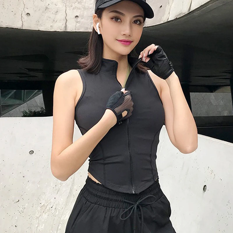 New Women Stand-Up Collar Half Zipper Sports Crop Top Sleeveless Slim Fitness Workout Vest Outdoor Cycling Running Yoga Shirts