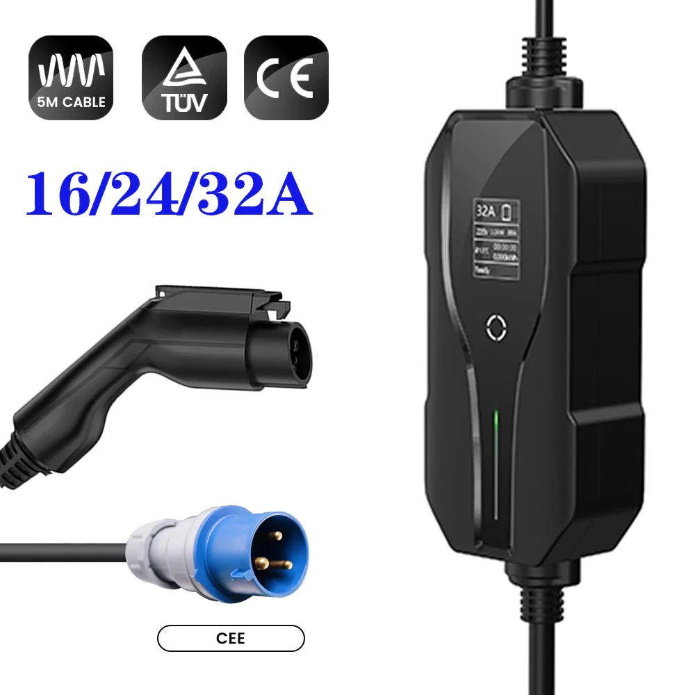 

Level 2 EV Charger Mobile Charging Cable Portable Home Use Industrial CEE Plug 32A 16A 24A 20A 10A Adjustable Type 1 Saej1772