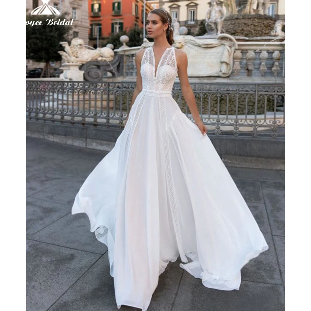 Charming A-LINE Wedding Dresses 2022 Bridal Gowns TANK Sleeveless Sweep Backless V-neck Chiffon Floor-Length Lace vestidos