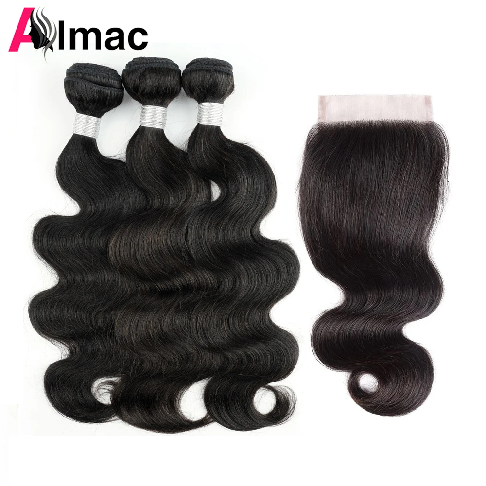 Body Wave 3 Bundles With 4x4 Lace Closure Indian Human Hair Extension 200g/Set Natural Color Hair Transparent Swiss Lace Almac