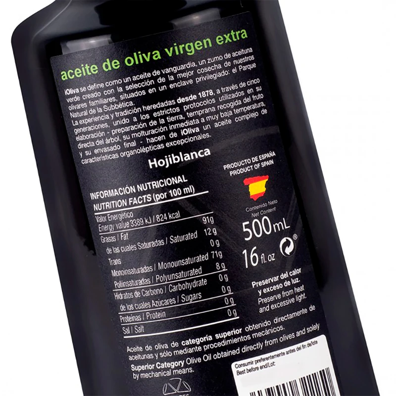 Aceite de Oliva Virgen Extra Premium, iOliva, Variedad Hojiblanca, Botella 500 ml, Extracción en Frío, AOVE 100% Natural