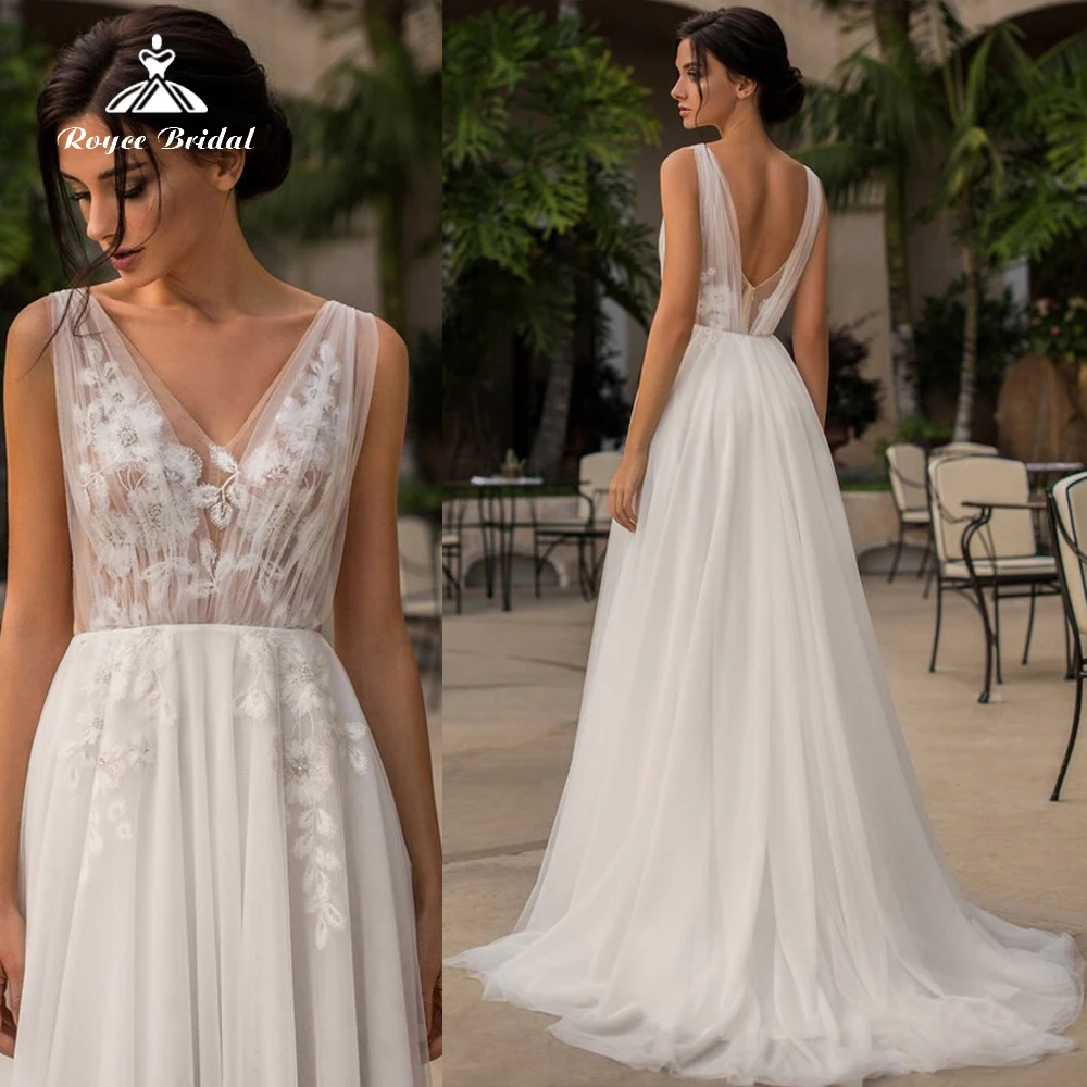 Boho V-Neck Lace Appliques A line Wedding Dress 2022 Netting Bridal Gown Off The Shoulder Blackless Sweep Floor-Length vestidos