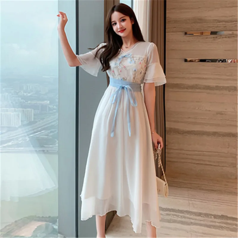 

Lace-edge bow dress 2020 summer new v-neck retro embroidery waist tie chiffon high waist big swing dress