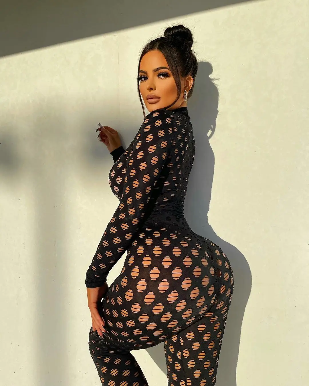 Women Fishnet Hollow Out See Through Sexy Rompers Jumpsuit  Back Zipper Long Sleeve Night Club Party Bodycon One Piece Overalls