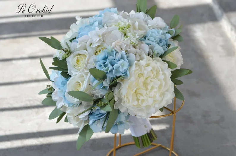 PEORCHID-ramos de novia azul claro para playa, flores de seda rústicas, hortensias artificiales, rosas blancas de marfil, ramo de boda de peonía