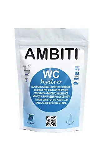 AMBITI HYDRO. Perfumed hydrosoluble Monodosis for waste tank and black water. Doypack package with 15 single dose of 20 grams.