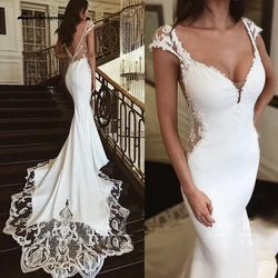 Deep V Neck Short Sleeves Backless Mermaid Wedding Dress With Shaped Train Appliques Lace Wedding Dresses Customized Bridal Gown