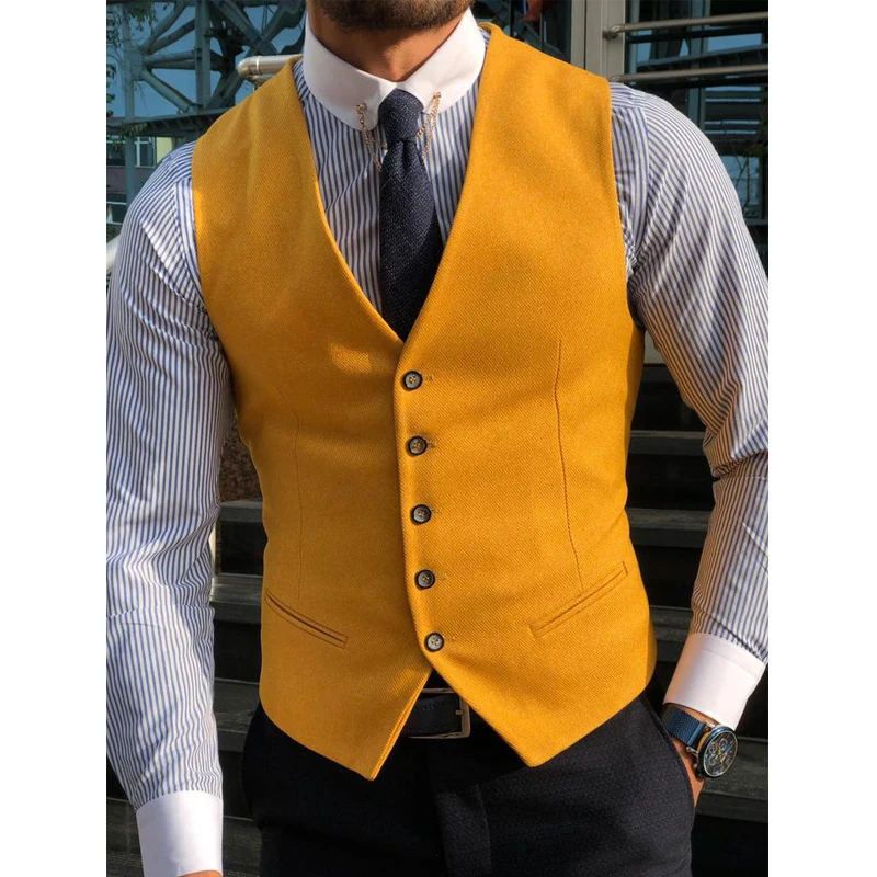 Men Vest Classic Cotton Blended Yellow Slim Fit Formal Suit Waistcoat Single Breasted Vest Men Classic V Neck For Wedding