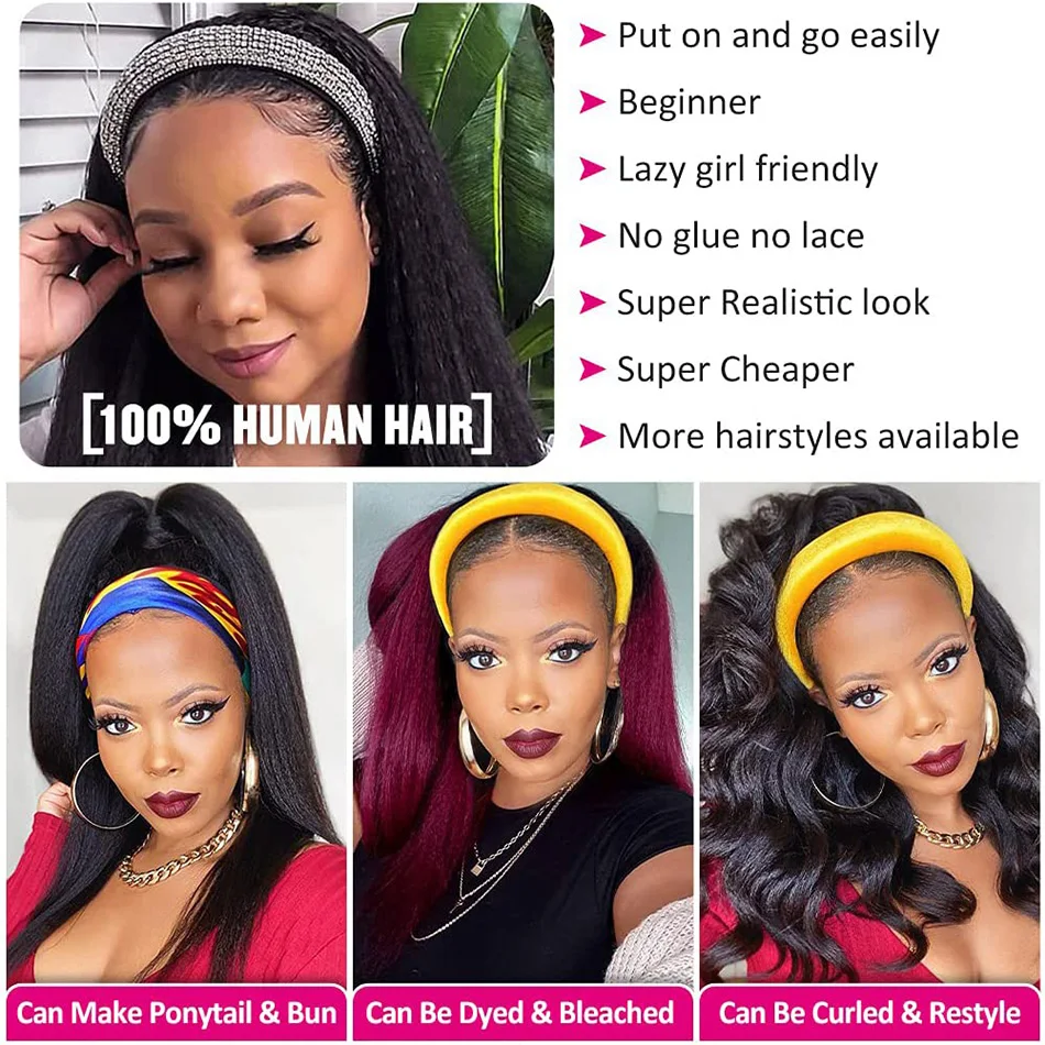 Peruca de cabelo humano reta Kinky para mulheres negras, perucas brasileiras, Headband, venda